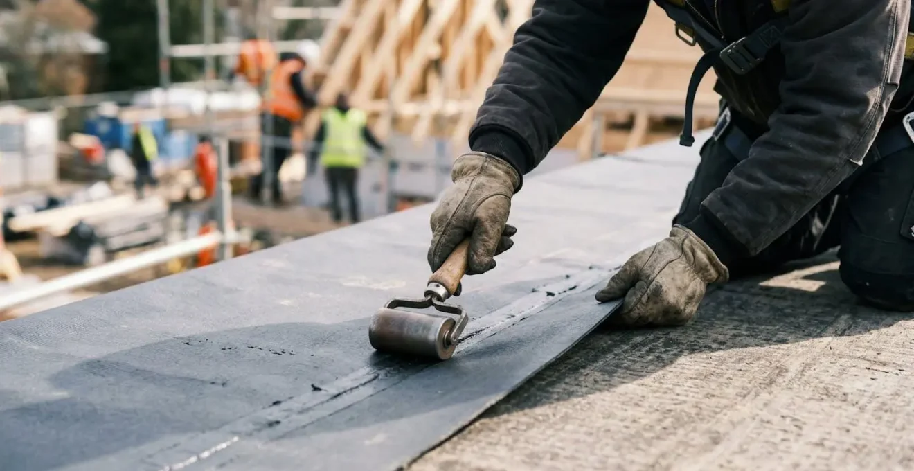 Mains gantées d'un travailleur manipulant un outil sur une membrane de toiture noire, arrière-plan flouté montrant un environnement de chantier