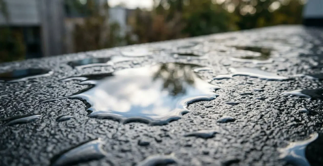 Gros plan artistique sur une surface de membrane élastomère noire avec des reflets d'eau et de ciel créant des motifs abstraits