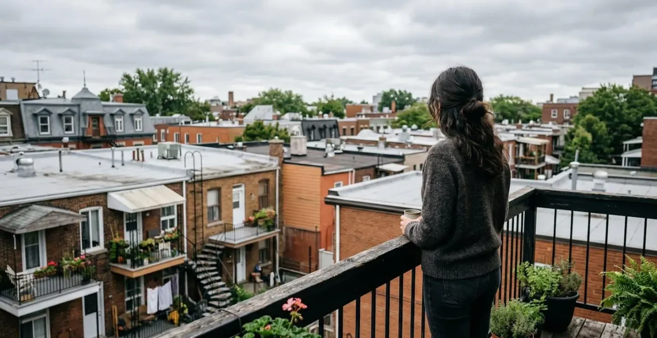 Silhouette d'une personne vue de dos sur un balcon, regardant vers un toit plat résidentiel par temps couvert, maison typique québécoise en arrière-plan