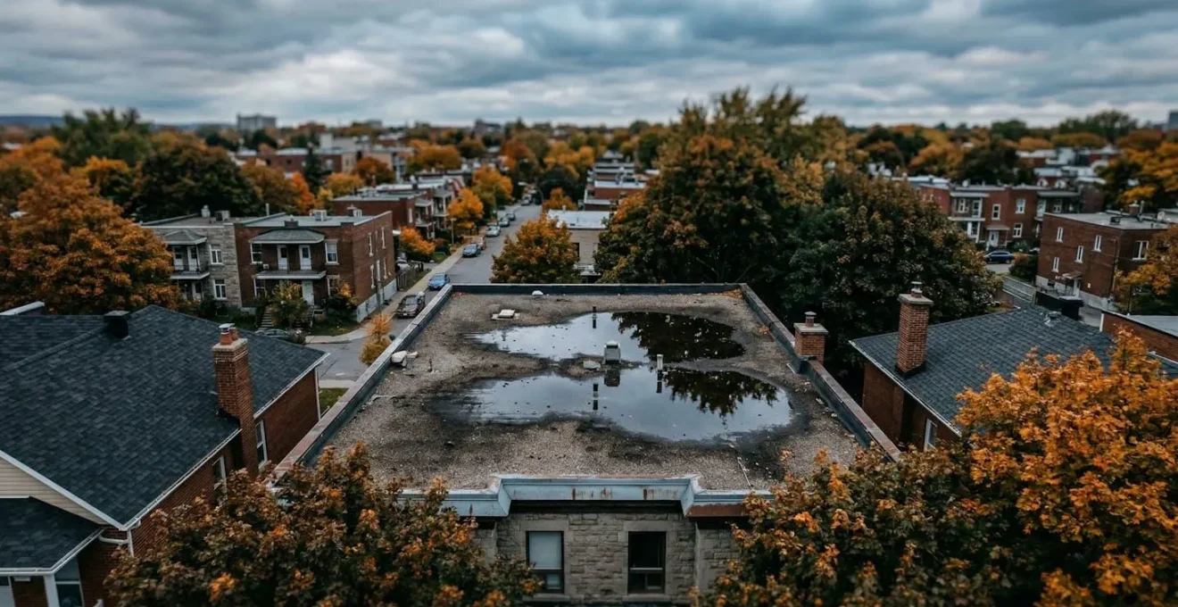 Vue en légère plongée d'un toit plat résidentiel après la pluie, avec des reflets d'eau visibles sur la membrane sombre, arbres dénudés en arrière-plan