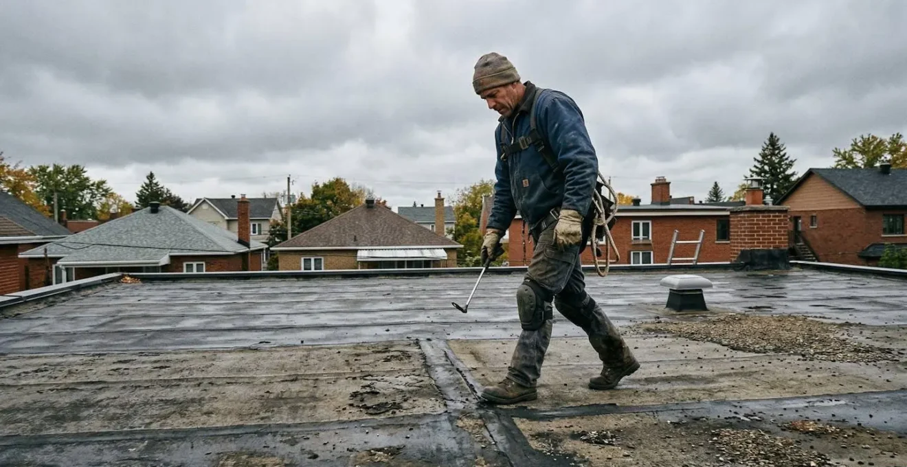 Un couvreur en vêtements de travail inspecte la surface d'un toit plat résidentiel sous un ciel nuageux typique du Québec