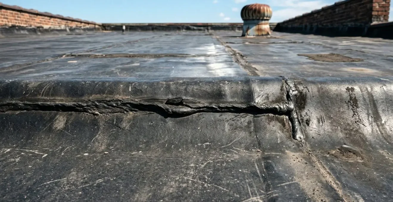 Détail d'une membrane élastomère noire avec joints de soudure visibles sur un toit plat, texture légèrement usée par les intempéries