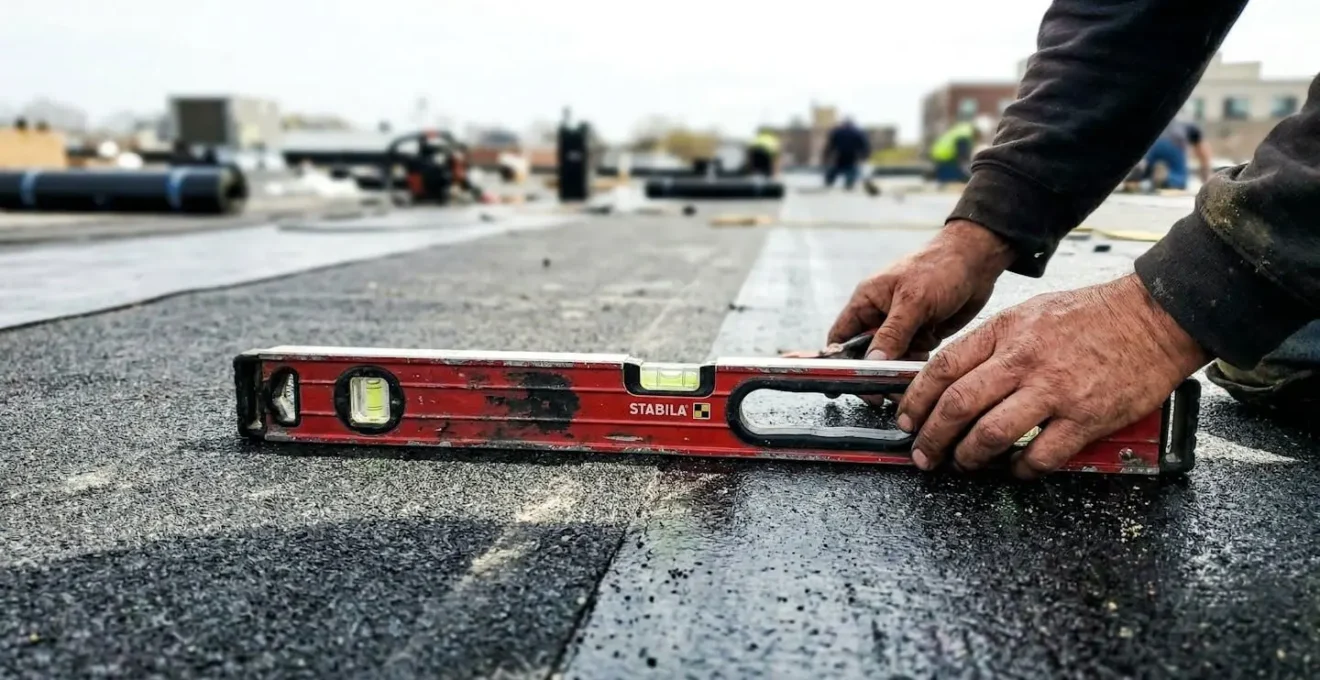 Mains d'une personne tenant un niveau à bulle posé sur une surface de membrane noire, gros plan avec arrière-plan flou