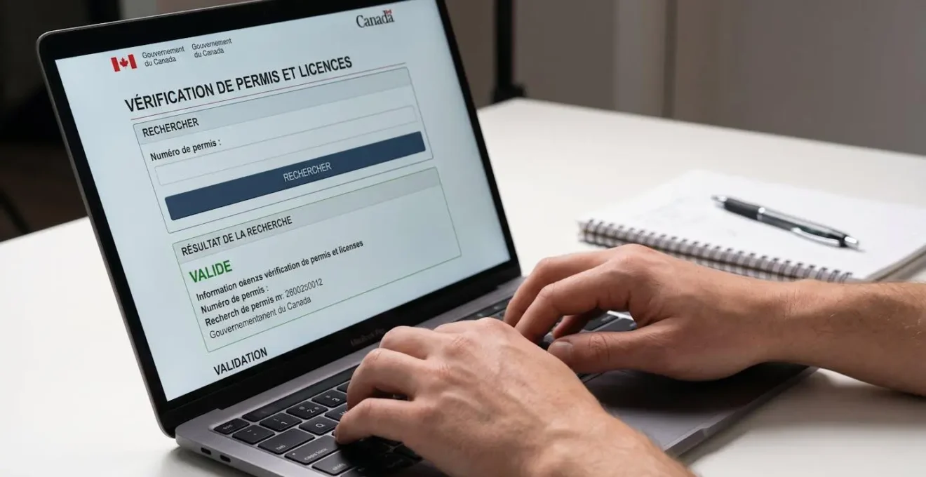 Gros plan sur écran ordinateur affichant interface générique vérification licence RBQ en ligne, mains tapant au clavier, bureau résidentiel moderne