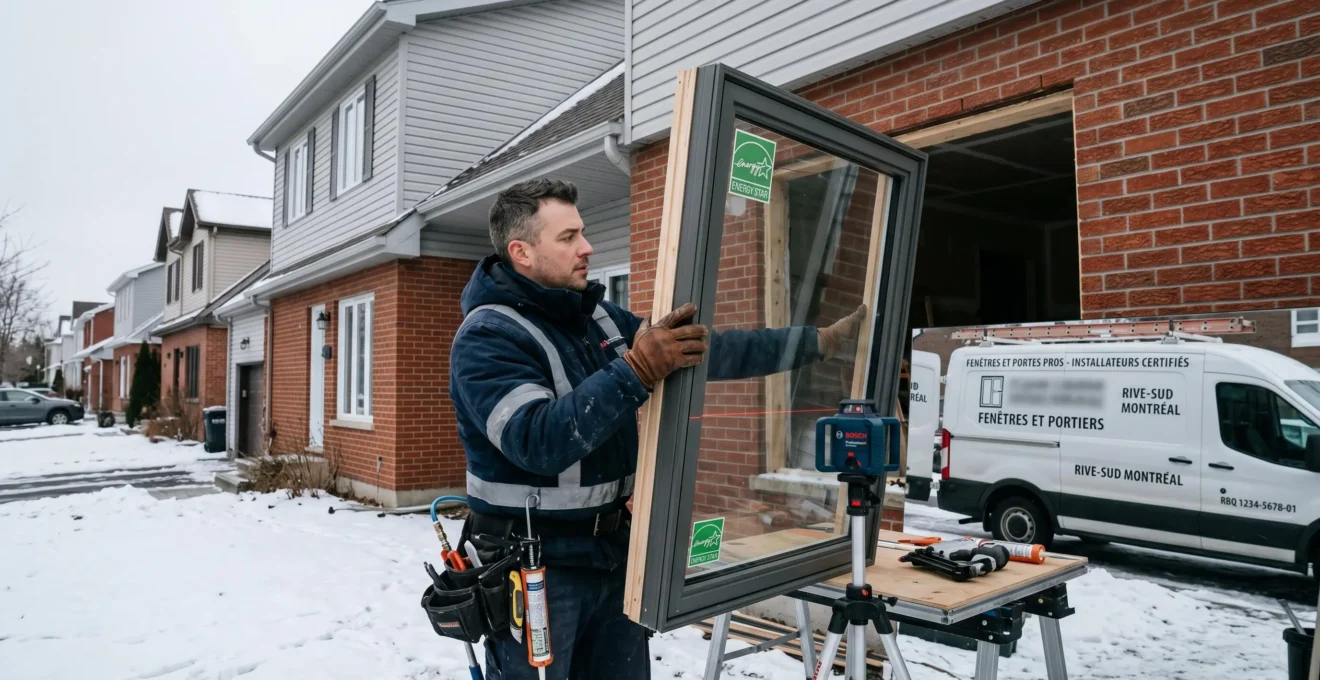 Installateur professionnel posant une fenêtre triple vitrage Energy Star sur façade résidentielle en brique, contexte hivernal Rive-Sud Montréal, outils spécialisés et véhicule entreprise visibles