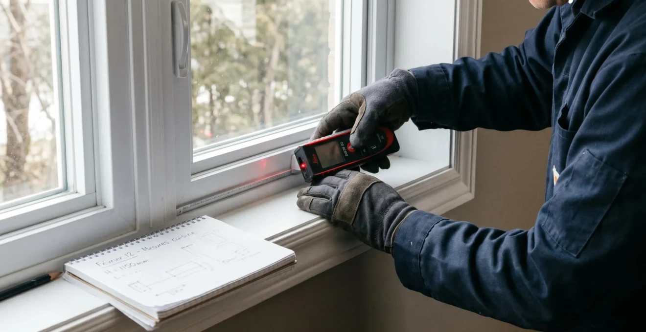 Mains d'installateur professionnel mesurant avec précision cadre fenêtre intérieur à l'aide d'un mètre laser, carnet notes sur rebord, lumière naturelle