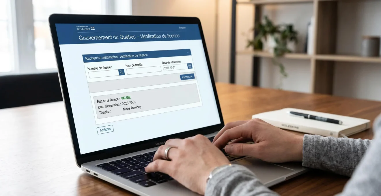 Gros plan sur écran ordinateur affichant interface générique vérification licence RBQ en ligne, mains tapant au clavier, bureau résidentiel moderne