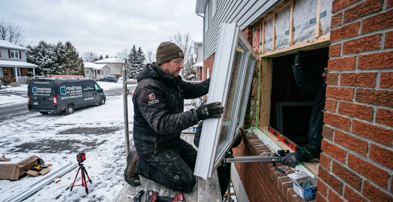 Installateur professionnel posant une fenêtre triple vitrage Energy Star sur façade résidentielle en brique, contexte hivernal Rive-Sud Montréal, outils spécialisés et véhicule entreprise visibles