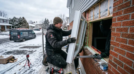 Installateur professionnel posant une fenêtre triple vitrage Energy Star sur façade résidentielle en brique, contexte hivernal Rive-Sud Montréal, outils spécialisés et véhicule entreprise visibles