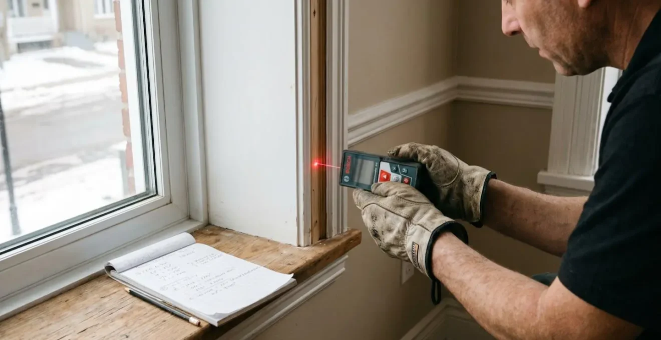 Mains d'installateur professionnel mesurant avec précision cadre fenêtre intérieur à l'aide d'un mètre laser, carnet notes sur rebord, lumière naturelle