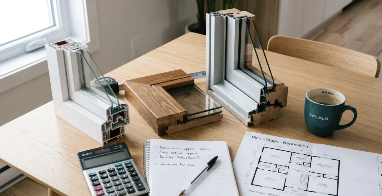 Table de travail avec échantillons matériaux fenêtres (PVC, bois, hybride), calculatrice et carnet de notes pour planification budgétaire projet rénovation
