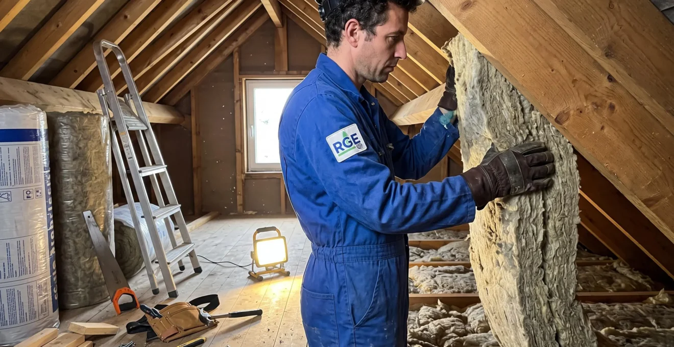 Artisan en combinaison de travail avec badge RGE visible installant isolation laine minérale dans combles aménageables, chantier professionnel ordonné avec matériaux certifiés étiquetés et éclairage LED