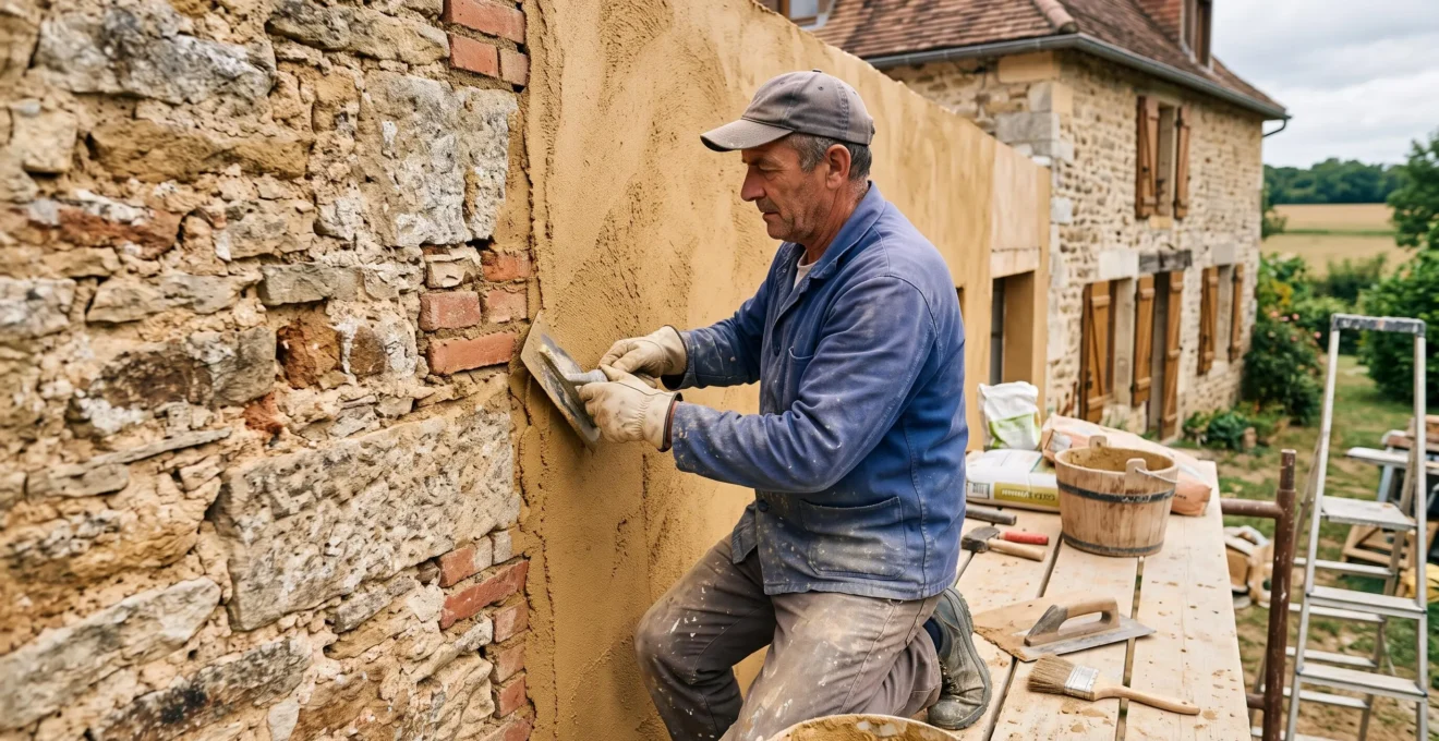 Chantier d'extension horizontale en cours sur une maison individuelle française des années 1980, avec structure bois visible et ouvriers au travail