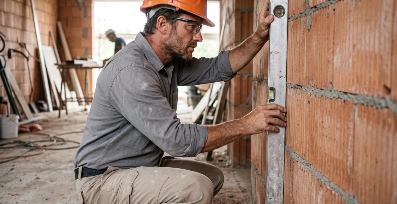 Professionnel du BTP vérifiant l'aplomb d'un mur en briques avec un niveau à bulle sur chantier
