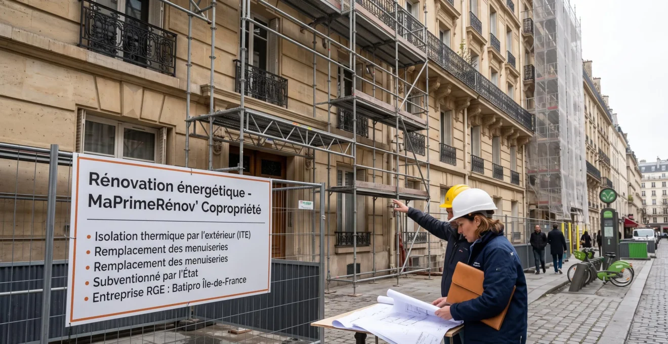 Façade immeuble haussmannien parisien avec échafaudage pour isolation thermique extérieure, panneau chantier MaPrimeRénov' Copropriété, architecte consultant plans devant bâtiment dans rue pavée typique