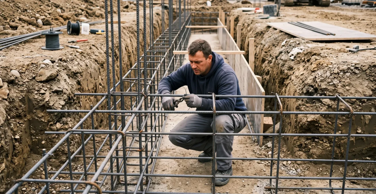 Ouvrier installant le ferraillage d'armature dans une tranchée de fondation sur chantier