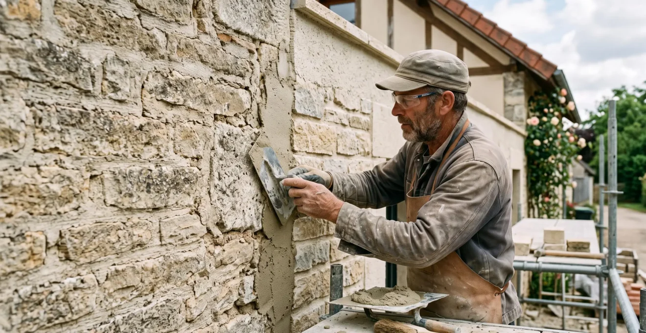 Maçon appliquant un enduit de finition sur la jonction entre l'extension neuve et la façade existante d'une maison française