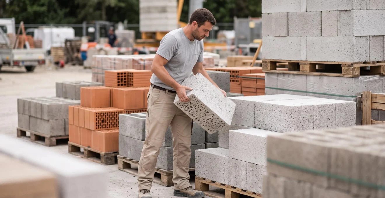 Professionnel de la construction examinant des blocs de béton cellulaire avec d'autres matériaux de maçonnerie sur chantier