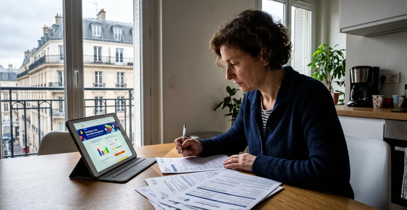 Personne d'âge mûr consultant documents MaPrimeRénov' et barèmes d'aides à table de cuisine moderne, avec tablette affichant site france-renov.gouv.fr, vue sur immeuble parisien typique par la fenêtre