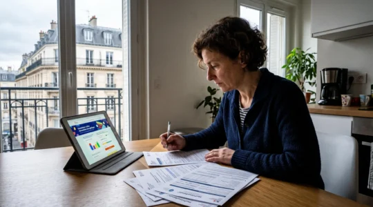 Personne d'âge mûr consultant documents MaPrimeRénov' et barèmes d'aides à table de cuisine moderne, avec tablette affichant site france-renov.gouv.fr, vue sur immeuble parisien typique par la fenêtre