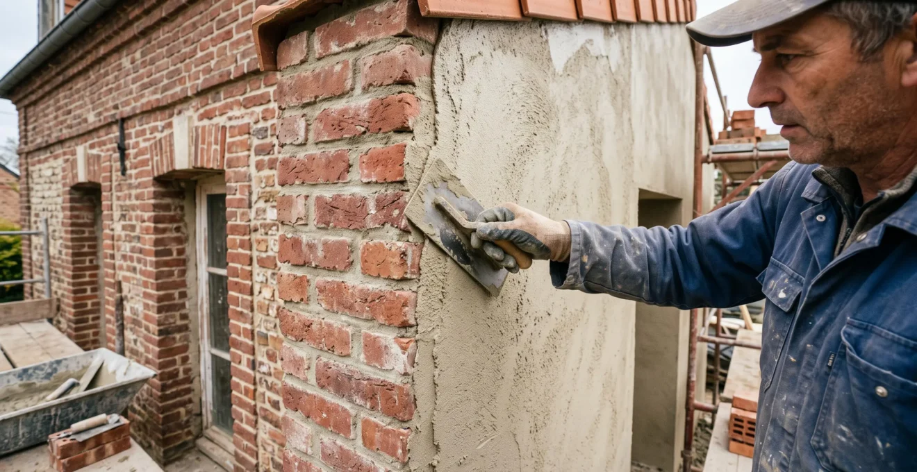 Chantier de surélévation d'une maison française, avec charpentiers travaillant sur la structure du nouvel étage et pose de la toiture