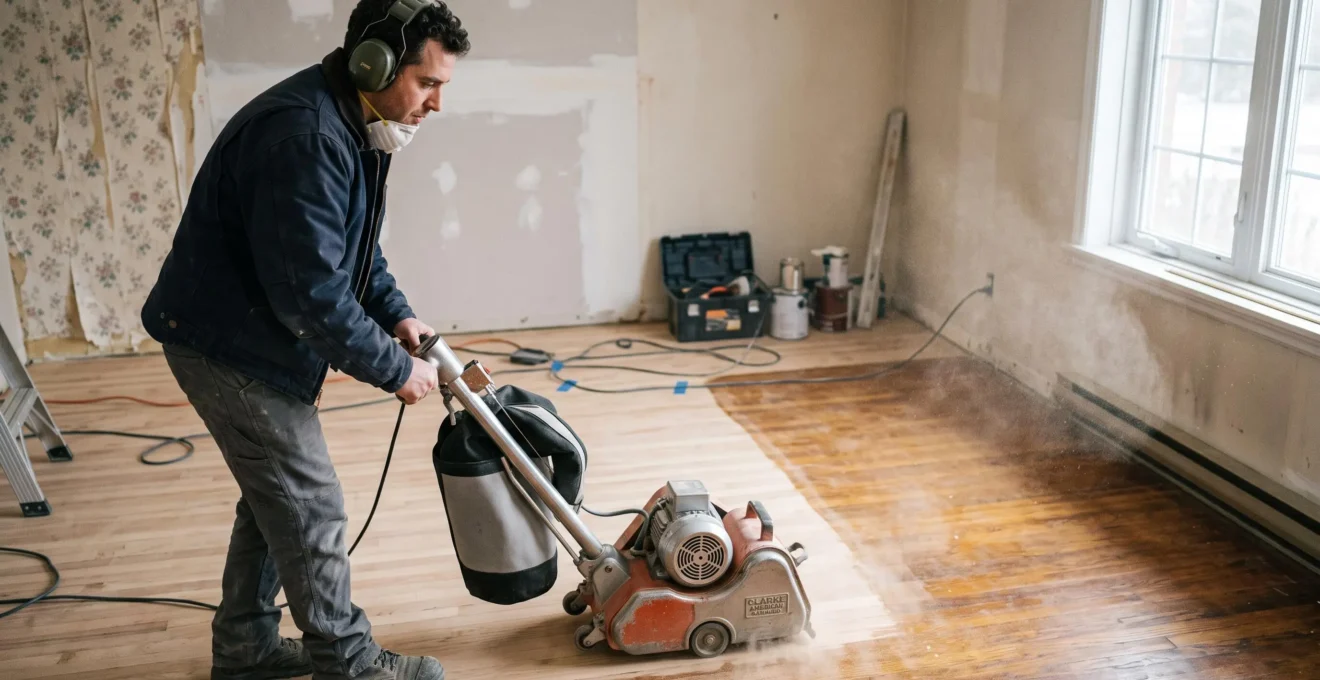 Un artisan ponce un plancher de bois franc avec une ponceuse à tambour, faisant apparaître la différence entre le bois sablé et la finition usée.