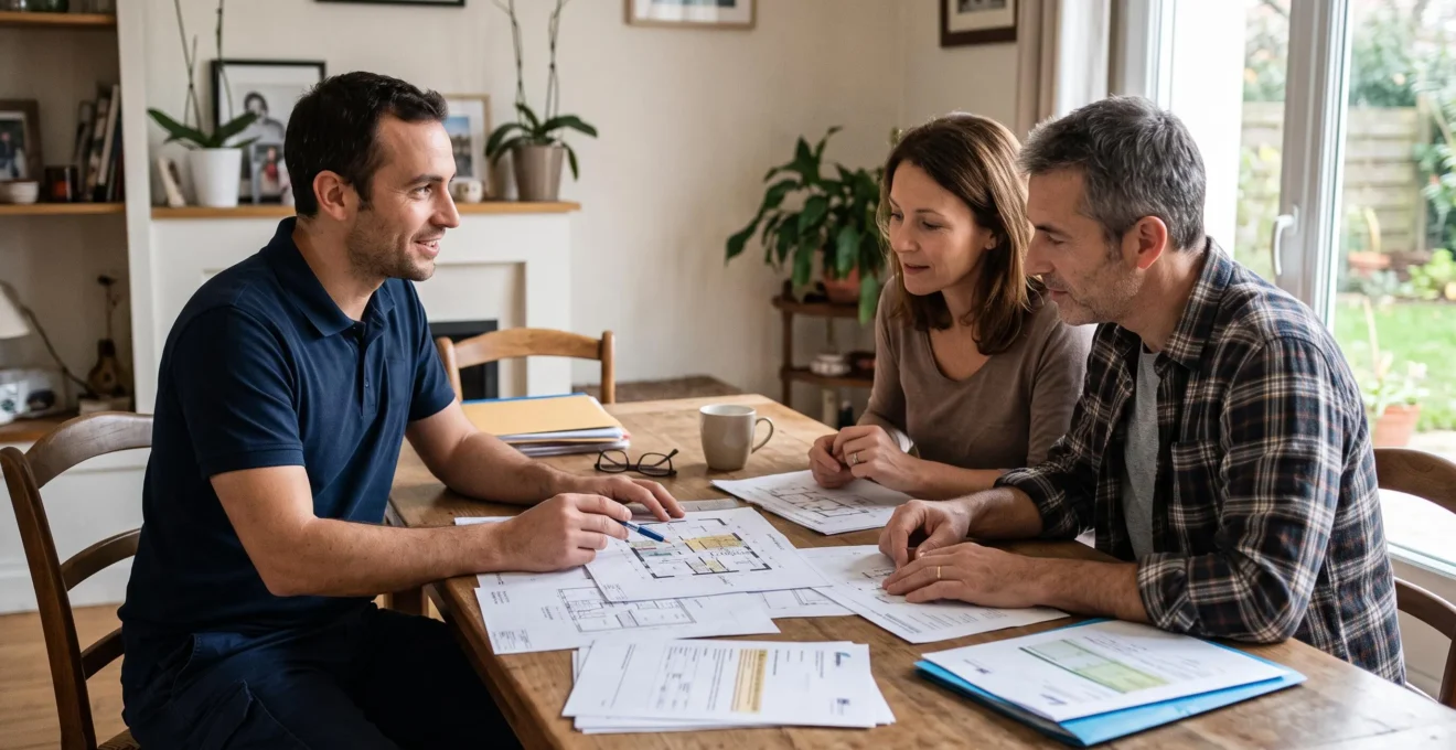Un professionnel certifié RGE conseille un couple de propriétaires sur leur projet de rénovation énergétique, documents et plans disposés sur la table.