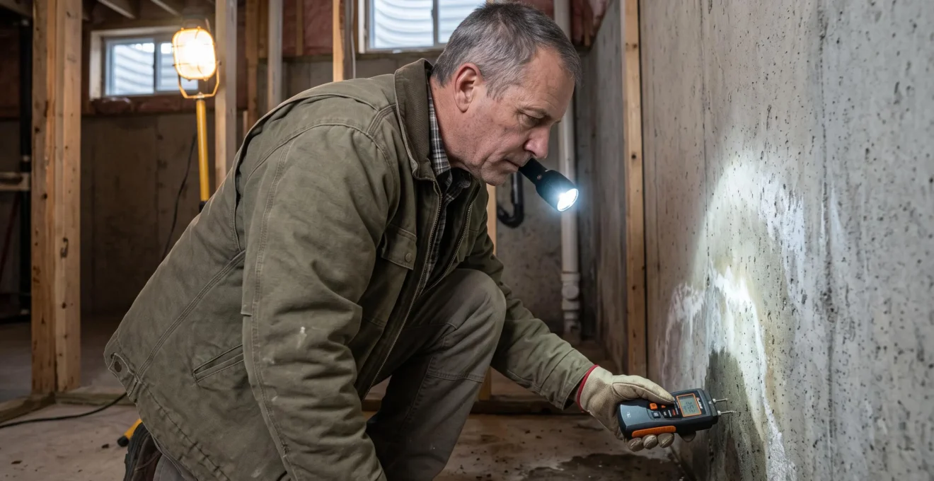 Inspecteur en bâtiment accroupi vérifiant l'humidité d'un plancher de béton au sous-sol avec un humidimètre et une lampe de travail.