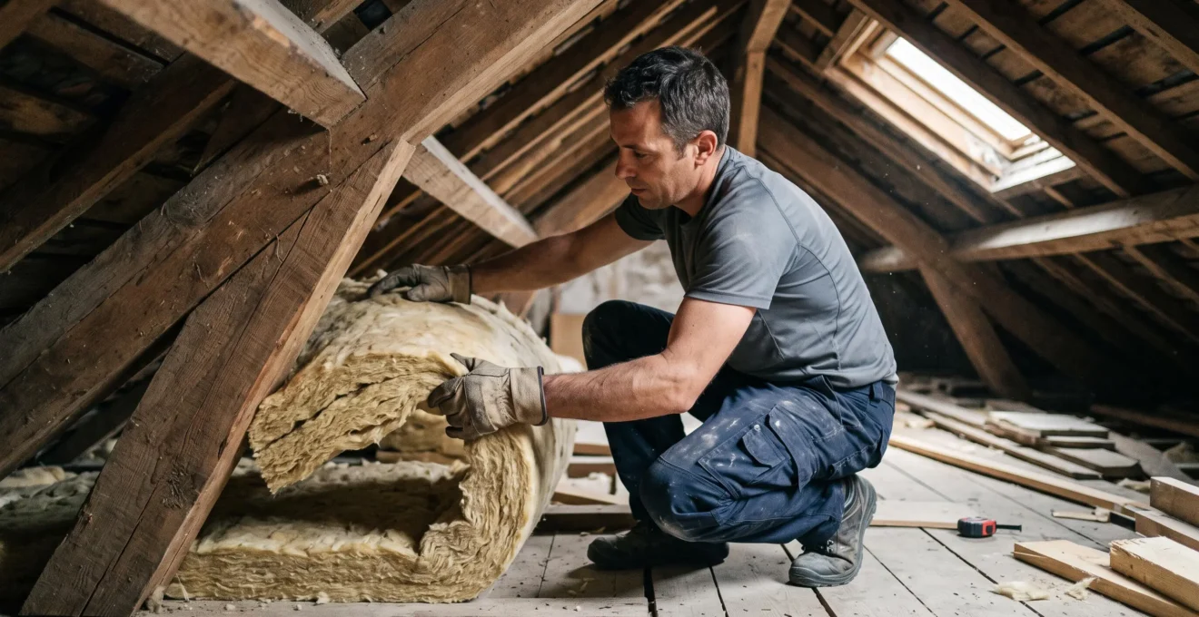 Un professionnel pose des rouleaux d'isolant thermique entre les chevrons dans les combles d'une habitation.