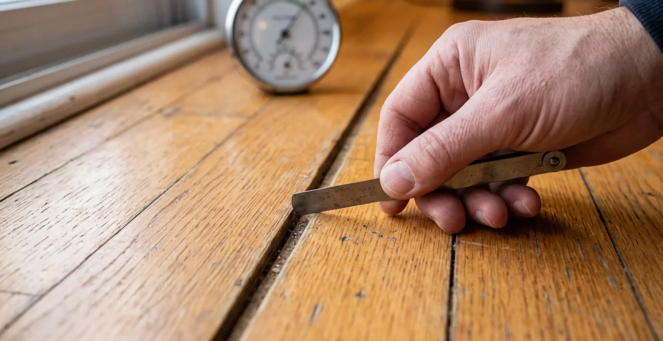 Une main mesure l'espace entre deux lattes d'un plancher de bois à l'aide d'une jauge fine, dans une pièce chauffée en hiver.