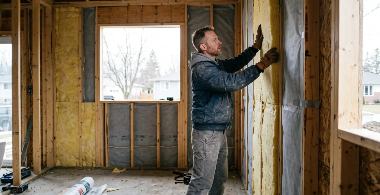 Ouvrier installant des panneaux isolants rigides sur les montants d'un mur en cours de rénovation dans une maison canadienne.