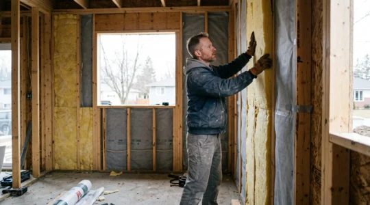 Ouvrier installant des panneaux isolants rigides sur les montants d'un mur en cours de rénovation dans une maison canadienne.