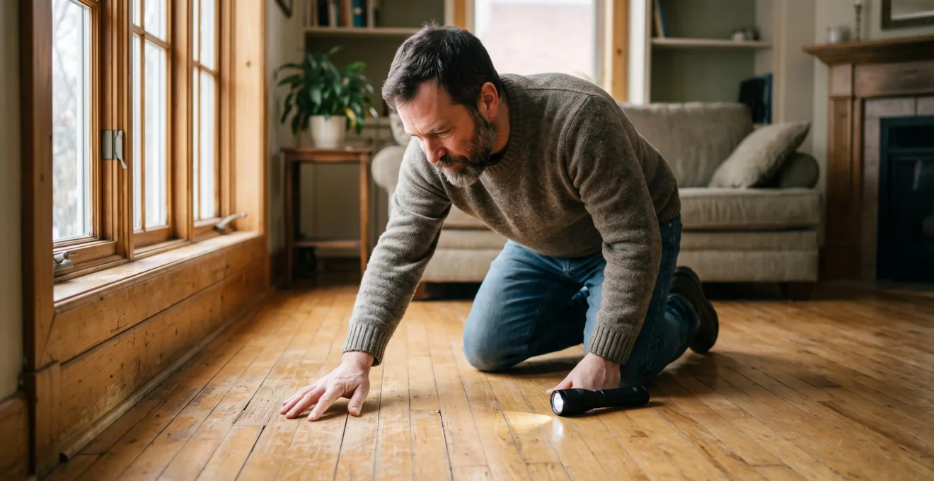 Un propriétaire inspecte de près les rayures et l'usure du fini d'un plancher de bois franc dans son salon.