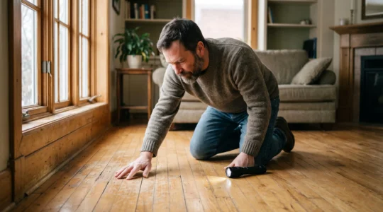 Un propriétaire inspecte de près les rayures et l'usure du fini d'un plancher de bois franc dans son salon.