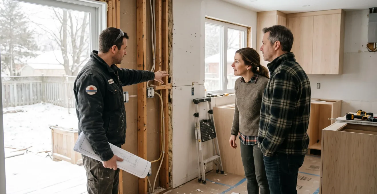 Couple de propriétaires discutant de l'ordre des travaux avec un entrepreneur devant un mur inachevé dans une cuisine en rénovation.