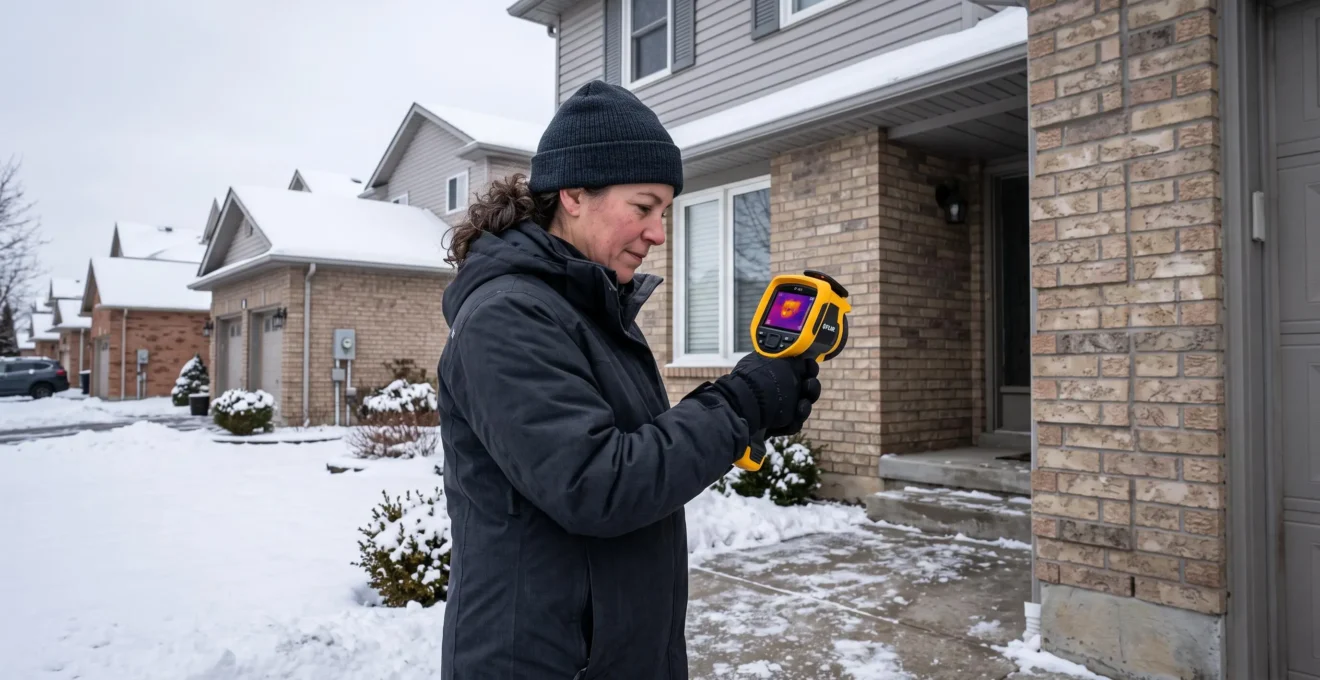 Spécialiste en thermographie analysant la façade d'une maison canadienne en hiver avec une caméra thermique afin de détecter les pertes de chaleur.